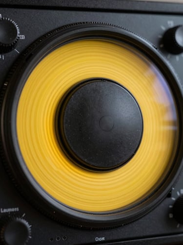 Extreme close-up of a professional color grading wheel on a high-end monitor, vibrant yellow and deep black tones, sharp focus on control dials