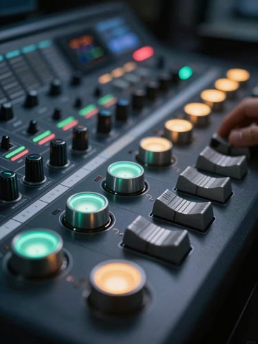 Extreme close-up of a high-end color grading console, glowing neon wheels reflecting on a dark metallic surface, moody studio lighting.