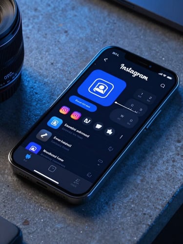 A high-fidelity mobile mockup displaying a dark-mode Instagram feed with electric blue graphics, dramatic neon backlighting casting a sharp glow on a concrete desk, 35mm lens.