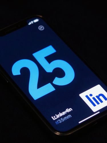Angled smartphone mockup displaying a bold LinkedIn carousel design with electric blue typography and dark-mode interface, dramatic neon backlighting
