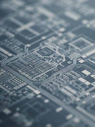 Macro shot of a silicon wafer with intricate circuitry, cool diffused studio light, desaturated slate and silver tones, shallow depth of field, minimalist editorial photography