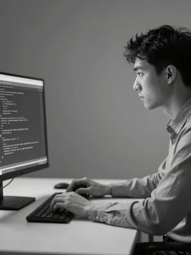 Monochromatic portrait photo of a focused AI researcher working at a minimalist desk, screen showing abstract code, cool diffused studio light, shallow depth of field, macro lens, desaturated slate and silver tones.
