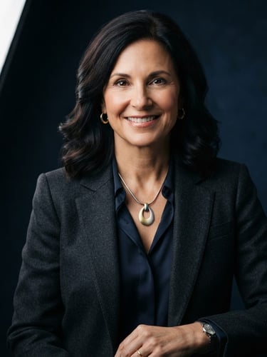 Elegant environmental portrait of a confident business owner wearing tailored clothing, soft dramatic studio lighting highlighting gold and silver jewelry against a deep navy background, 85mm lens