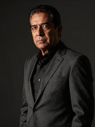 Low-key editorial portrait of Lic. Oswaldo Ríos Durazo in a sharp tailored dark grey suit, dramatic side-lit shadows, deep charcoal background, sharp 50mm lens, serious expression.