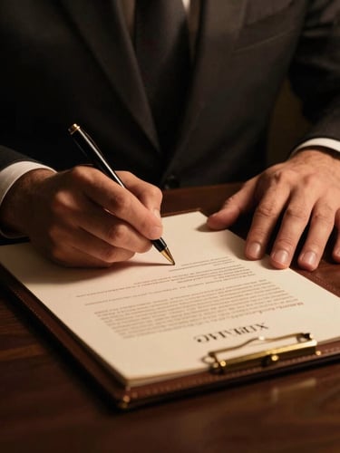 Dramatic close-up of hands in a tailored suit signing a leather-bound legal document, low-key lighting, warm gold highlights, deep charcoal tones.