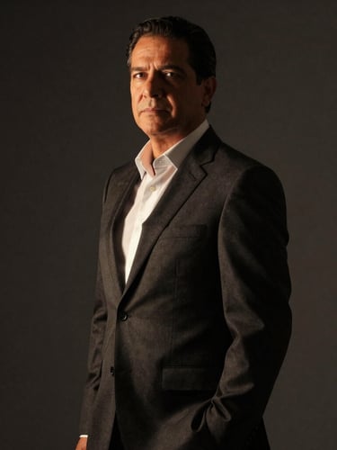 Low-key editorial portrait of Lic. Oswaldo Ríos Durazo in a sharp tailored dark suit, dramatic side-lit shadows, deep charcoal background, looking confident and authoritative.