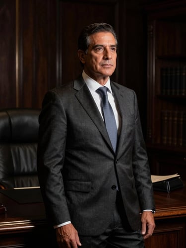 Low-key editorial portrait of Lic. Oswaldo Ríos Durazo, a sharp-suited lawyer in a dark luxury office, dramatic side-lit lighting, deep charcoal shadows, confident stance, professional legal environment.