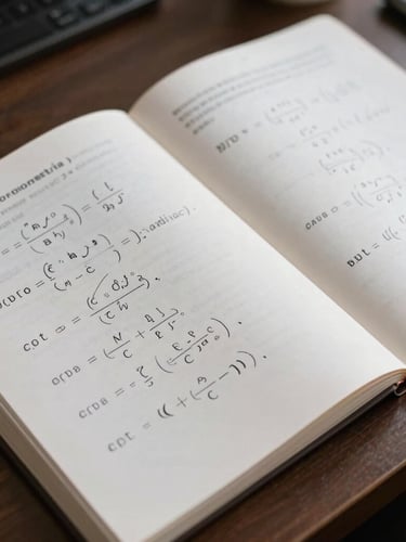 Vista cenital de libros abiertos de econometría y finanzas cuantitativas sobre un escritorio oscuro, luz natural difusa, enfoque en ecuaciones impresas