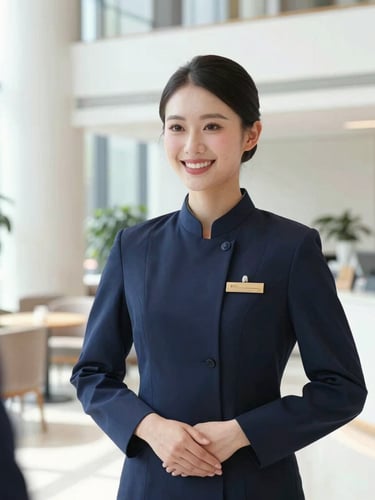 A professional hospitality coordinator in a clean navy uniform smiling warmly in a bright modern event lobby, natural daylight, editorial style