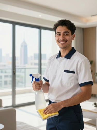 Bright editorial photography, a professional cleaning specialist in a neat uniform smiling in a modern sunlit UAE apartment, 35mm lens.