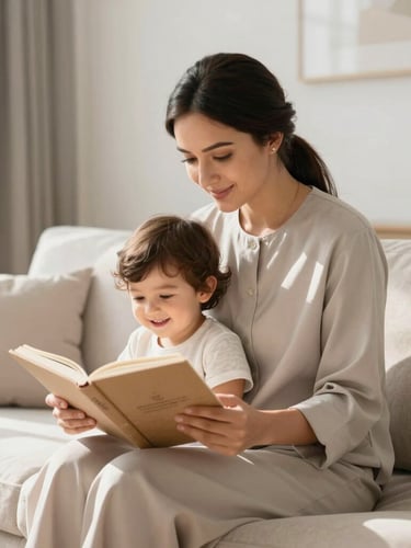 A bright environmental shot of a professional babysitter in a clean, soft-toned modern UAE living room, reading a book to a smiling child, natural daylight, soft shadows, 35mm lens