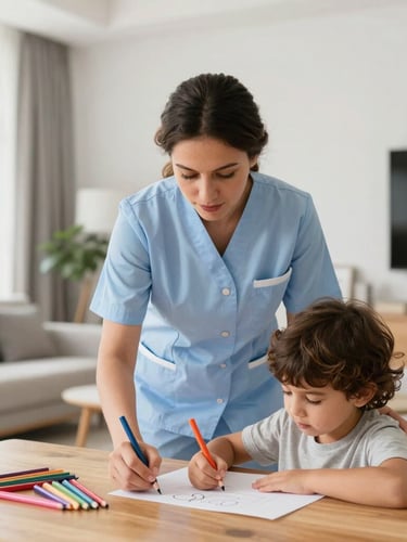 A professional female babysitter in a clean uniform gently guiding a young child drawing with colorful pencils at a wooden table, bright modern UAE home interior, natural light