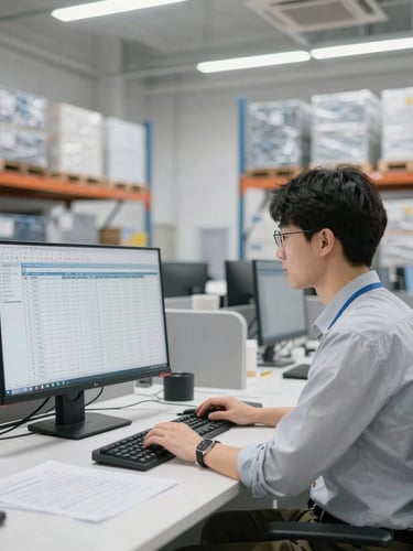 Modern clean logistics warehouse office, bright daylight, a professional coordinator managing fleet schedules on a monitor, editorial photography
