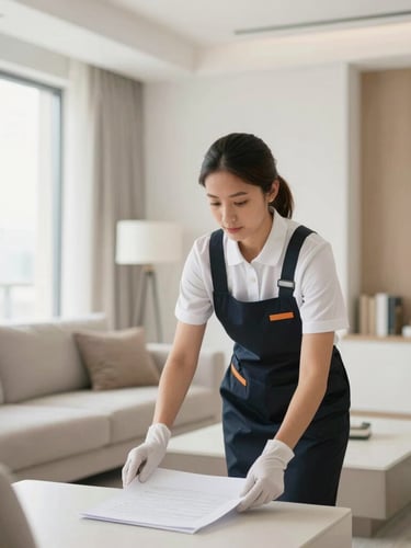 Bright modern UAE living room, natural daylight, a professional cleaner in uniform neatly arranging space, soft focus, editorial photography