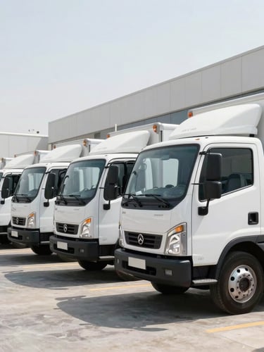 Branded white commercial delivery trucks lined up neatly in a modern UAE logistics yard, bright natural daylight, clean composition, 35mm lens