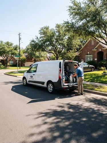Local Alpha Anna Pest Control service truck, clean, parked on a residential street in Anna, TX under bright Texas daylight, technician visible, strong shadow contrast, wide angle.