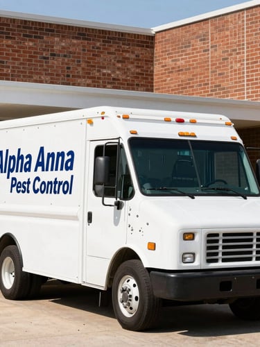 Authentic editorial photography of a clean Alpha Anna Pest Control service truck parked outside the brick office at 400 S Riggins St, bright Texas daylight, high contrast natural tones, sharp focus, 35mm lens