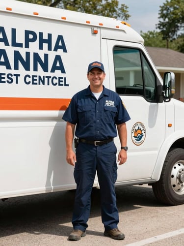 Local Alpha Anna Pest Control technician, in clean uniform, smiling confidently, standing next to a service truck on a sunny residential street in Anna, TX, authentic editorial photography, sharp focus.