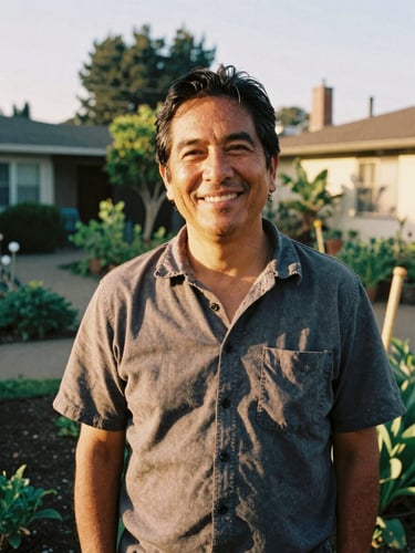 A warm environmental portrait of a local California community leader in a sunlit neighborhood garden, smiling candidly, natural golden-hour sunlight, rich organic earth tones, 35mm film style.