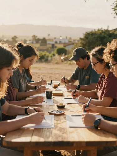 Candid mid-shot of community members collaborating around a wooden table during an outdoor workshop, warm golden-hour California sunlight, rich organic earth tones.