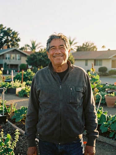 Warm documentary photo of a local community leader smiling in a sunlit California neighborhood garden, golden-hour sunlight, candid 35mm film style