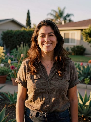 Candid portrait of a California community organizer smiling in a sunlit neighborhood garden, warm golden hour light, rich organic earth tones