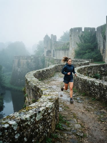 Dynamic medium-wide shot of a runner training on the historic stone ramparts of Le Quesnoy during early morning mist, overcast northern daylight, cool desaturated tones, 35mm film style.