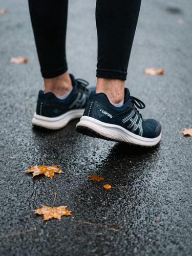 Close-up of running shoes on wet asphalt and damp autumn leaves, overcast northern daylight, cool desaturated tones, 35mm film style