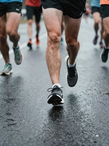 Close-up of running shoes on wet asphalt with dynamic motion blur, runners in a group, overcast northern daylight, cool desaturated tones, 35mm film style.