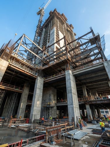 Wide-angle architectural photograph of a massive concrete and steel building structure under crisp morning light, low-angle perspective emphasizing scale, clean active construction site.
