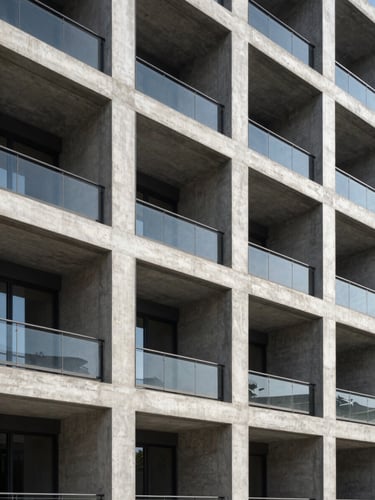 Architectural photography of finished modern building facade, raw concrete and dark steel frame, sharp natural daylight with dramatic shadows.
