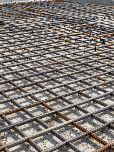 Close-up of industrial steel rebar reinforcement mesh inside a concrete formwork, sharp natural daylight, high contrast