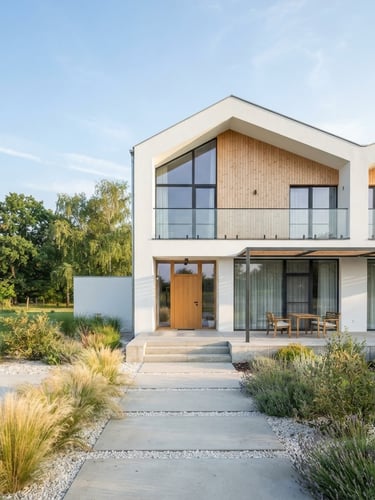 Bright architectural photograph of Anna Vendégház exterior, clean modern lines, white walls, soft morning sun, minimalist garden