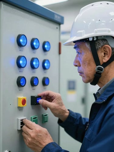 Close-up of a senior electrical engineer in a clean safety helmet inspecting a high-voltage control panel, glowing blue telemetry indicators, sharp focus, technical atmosphere.