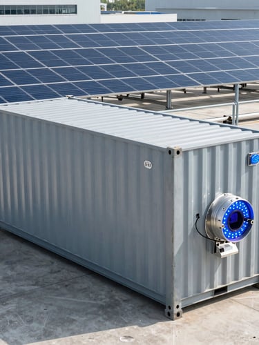 A wide, crisp daylight photograph of a containerized BESS unit alongside industrial solar arrays on a factory rooftop, glowing blue LED telemetry indicators visible on the metal casing, 35mm lens.