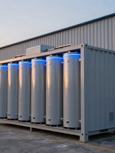 A dramatic twilight photograph of a newly installed 2.4MWh containerized battery energy storage system at a modern Dhaka industrial facility, clean metallic panels reflecting cool ambient light, 35mm lens.