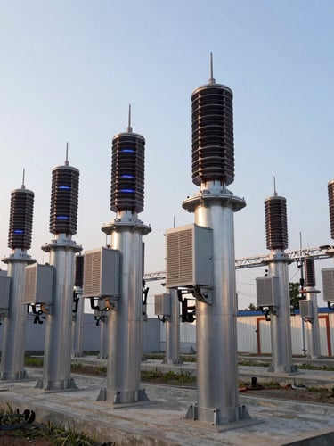 Wide-angle architectural shot of a modern industrial substation in Dhaka, crisp morning light reflecting off clean metal surfaces, high-voltage equipment, 35mm lens.