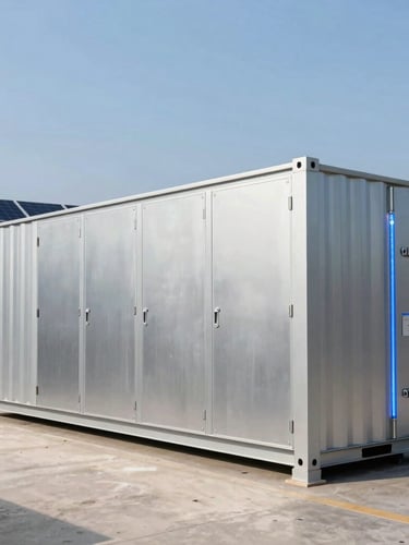 Wide environmental shot of containerized battery energy storage systems (BESS) and solar PV arrays under a crisp daylight sky, cool metallic tones, sharp focus.