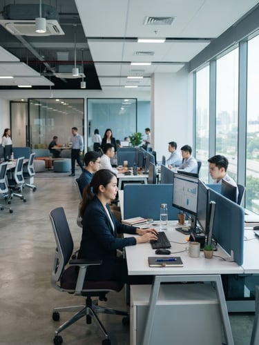 Bright modern corporate office in Selangor, clean professional desks, cool blue and silver tones, 35mm lens photography