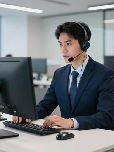 Professional support agent in business-casual attire using a headset in a clean modern office workspace with dual monitors, cool tones