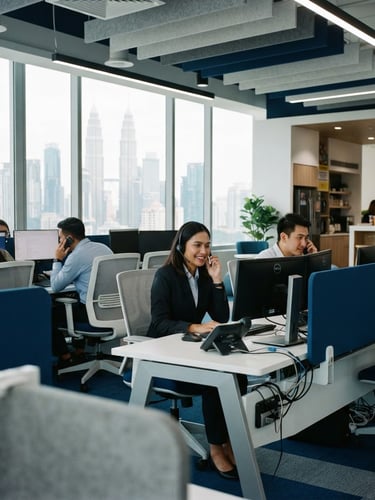 Bright modern office workspace in Kuala Lumpur with professional support agents, clean architectural lines, deep blue and silver tones, 35mm photography