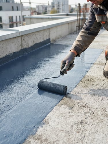 Close-up of professional liquid waterproofing membrane being applied to a concrete roof slab, bright natural daylight, crisp architectural framing, rich blue-grey tones