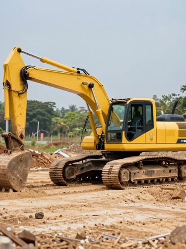 A heavy yellow excavator operating on a clean Kerala construction site, bright natural daylight, sharp focus, professional industrial framing