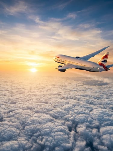 Wide-angle scenic shot of a modern airplane flying above white clouds at sunset, warm golden light reflecting on the wings, clean composition with negative space