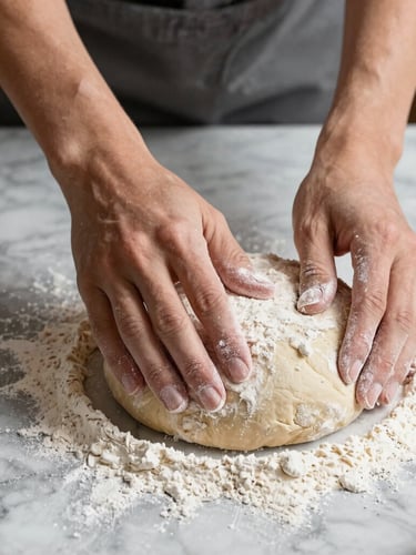 Close-up shot of hands dusting flour onto rustic sourdough bread dough on a marble countertop, warm natural side light, high contrast, editorial style