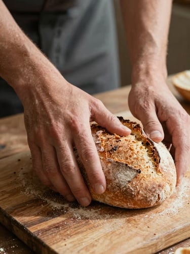 Vue rapprochée de mains farineuses pétrissant une pâte à pain rustique sur un plan de travail en bois brut, éclairée par une lumière naturelle rasante et chaleureuse.