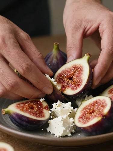 Extreme close-up of hands arranging fresh figs and goat cheese on a dark ceramic plate, warm morning light, high contrast