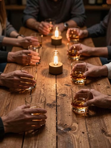 A low-key shot of members sitting around a rustic wooden table illuminated by warm incandescent bulbs, holding whiskey glasses.