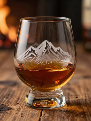 Macro close-up of a heavy-bottomed whiskey glass etched with a mountain crest emblem, filled with amber bourbon, resting on a rough-hewn oak table, warm firelight glow, deep shadows.