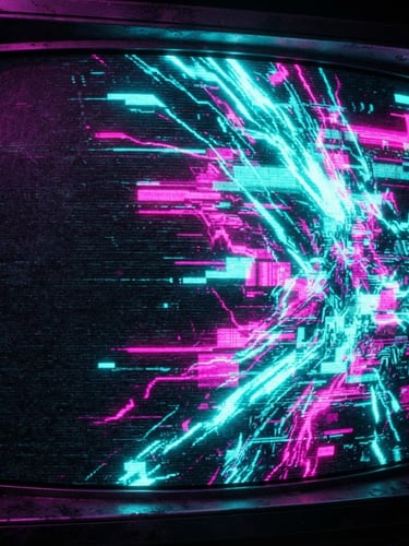 Macro close-up of a glowing CRT monitor displaying abstract glitch art, bathed in neon cyan and hot magenta backlighting. High-contrast gritty texture, 35mm film grain, dark retro-cyberpunk aesthetic, off-center subject with negative space to the left.